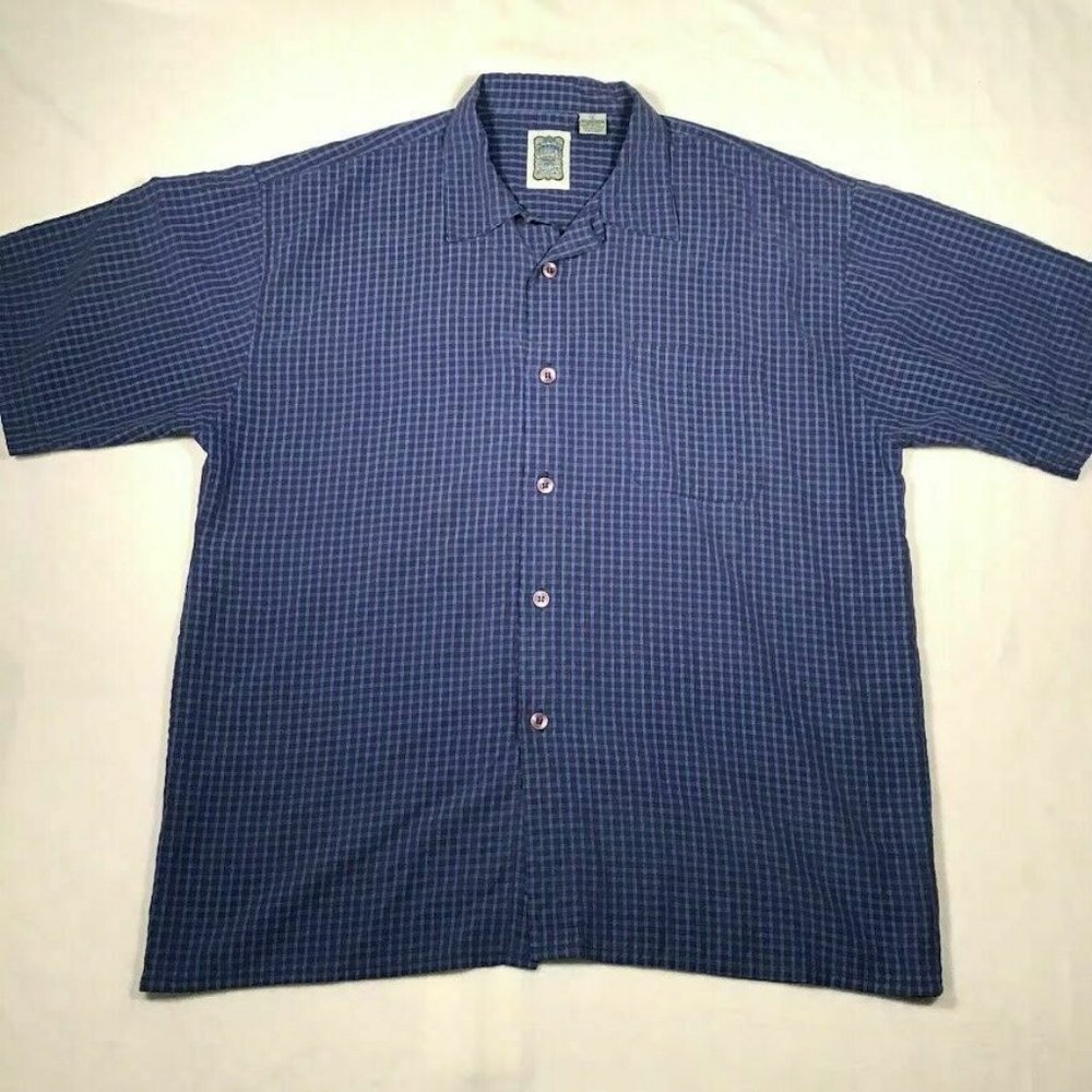 Ocean Curraet Men's Blue Polyester Checked Short Sleeve Collared Casual Shirt XL